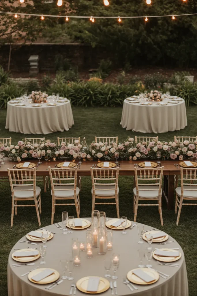 The Garden Reception Table Layout That Balances Long Tables With Round Tables