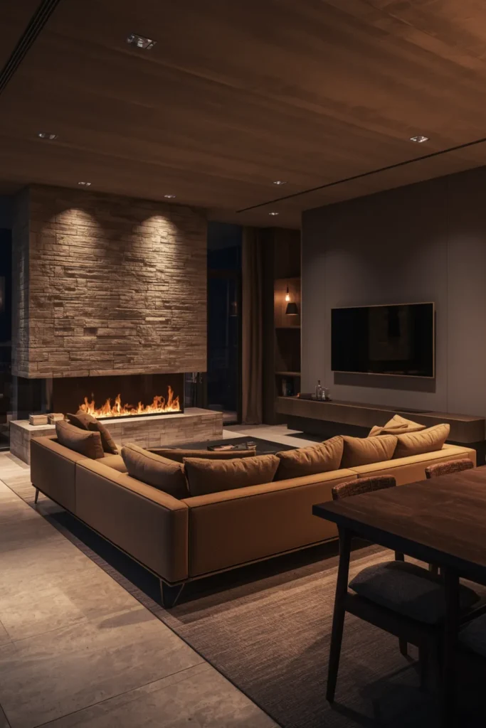 The Open Plan With a Fireplace That Anchors the Living Zone and Solves the TV Dilemma