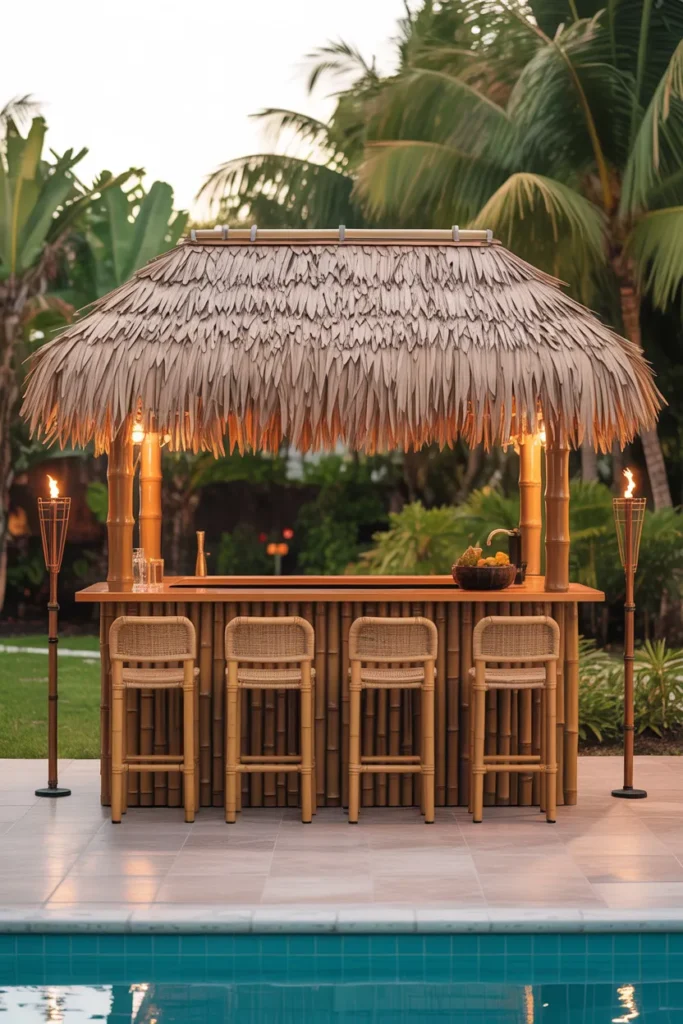 The Tiki-Style Outdoor Bar With a Thatched Roof That Creates a Resort Atmosphere at Home