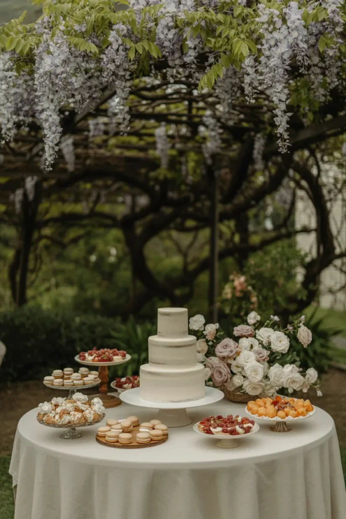 The Wedding Cake and Dessert Table Placement That Photographs Well Outdoors