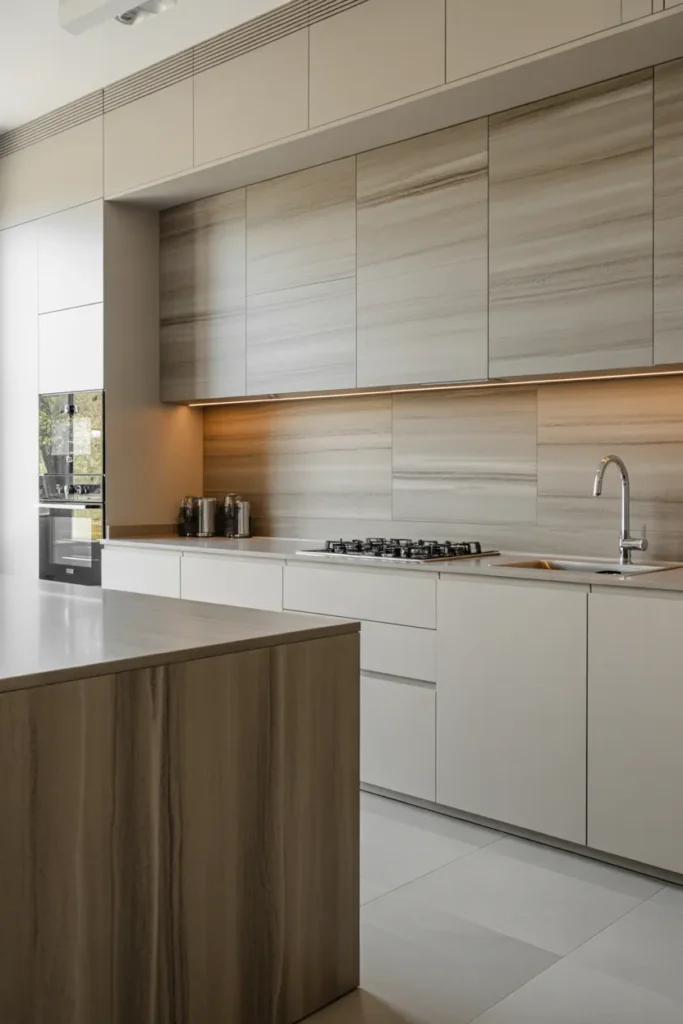 Thin Porcelain Stone-Look Panels as a Full Backsplash in a Modern Kitchen