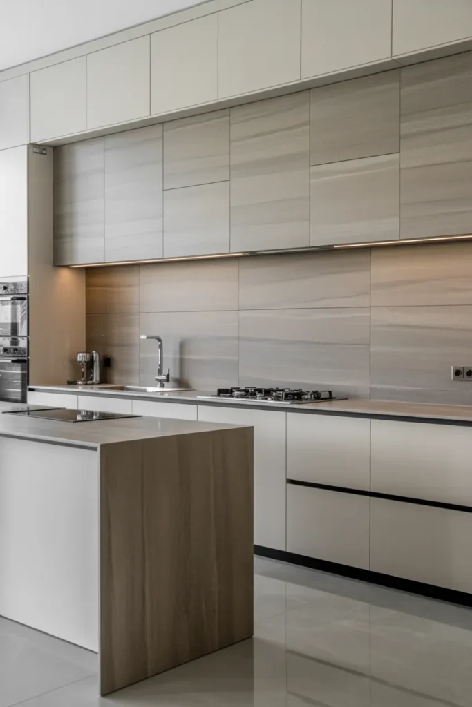 Thin Porcelain Stone-Look Panels as a Full Backsplash in a Modern Kitchen