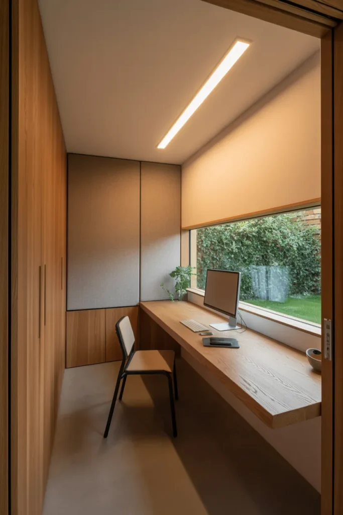 Tiny Backyard Office Shed With Built-In Desk and Acoustic Insulation