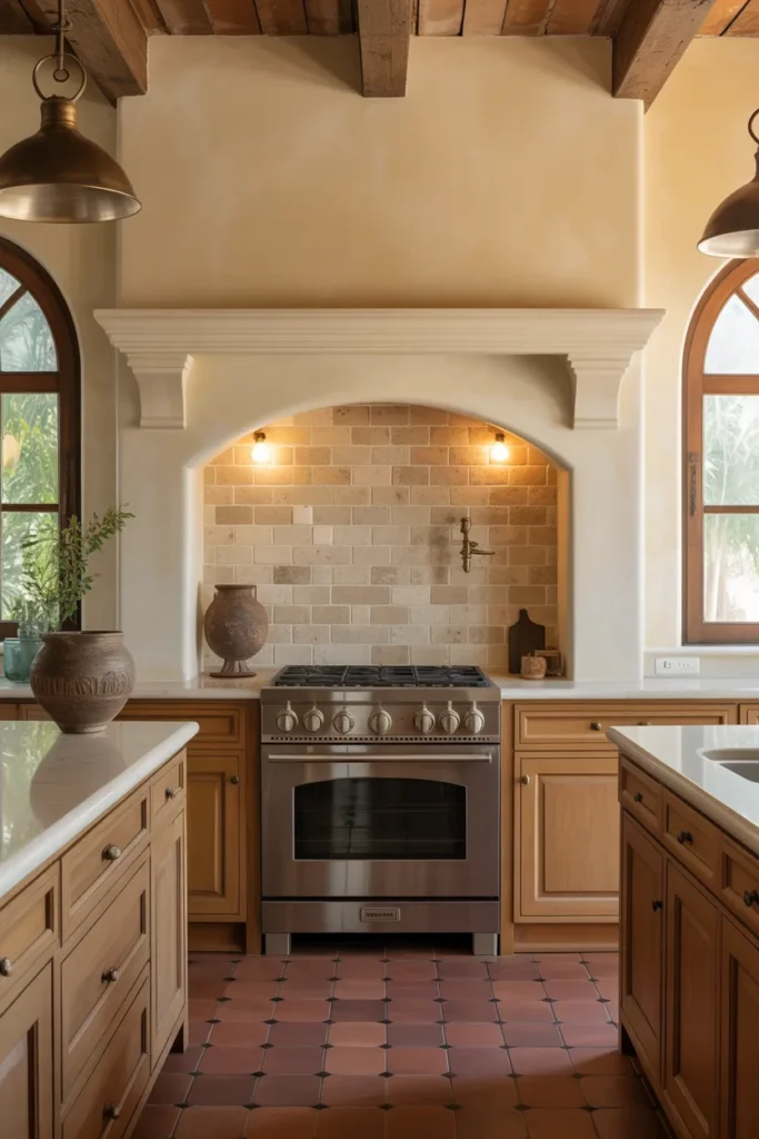 Travertine Stone Wall in a Warm Mediterranean-Style Kitchen With Arched Details