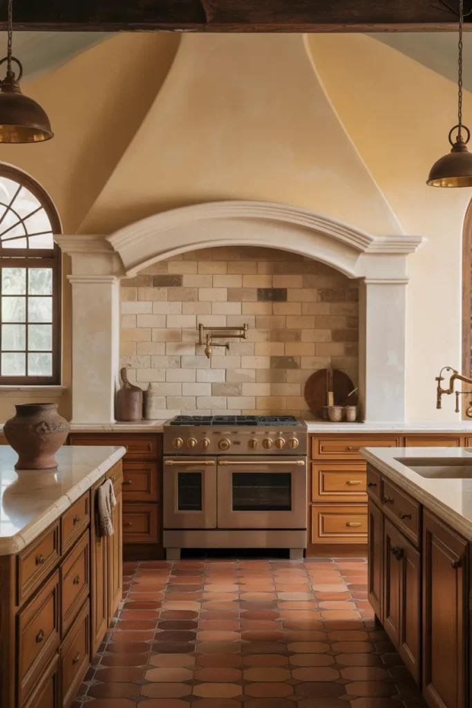 Travertine Stone Wall in a Warm Mediterranean-Style Kitchen With Arched Details