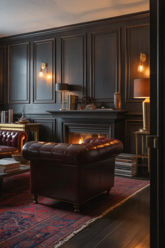 Use Dark Wood Paneling Combined with Rich Fabric to Create a Moody, Club-Like Living Room