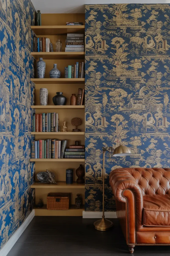 Use Maximalist Wallpaper on Every Wall Including Behind Shelving for Full Commitment