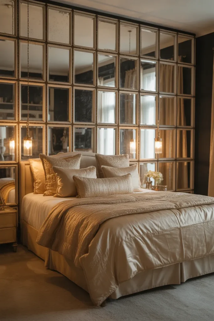 Use a Mirrored Accent Wall Behind the Bed to Double the Room's Visual Richness