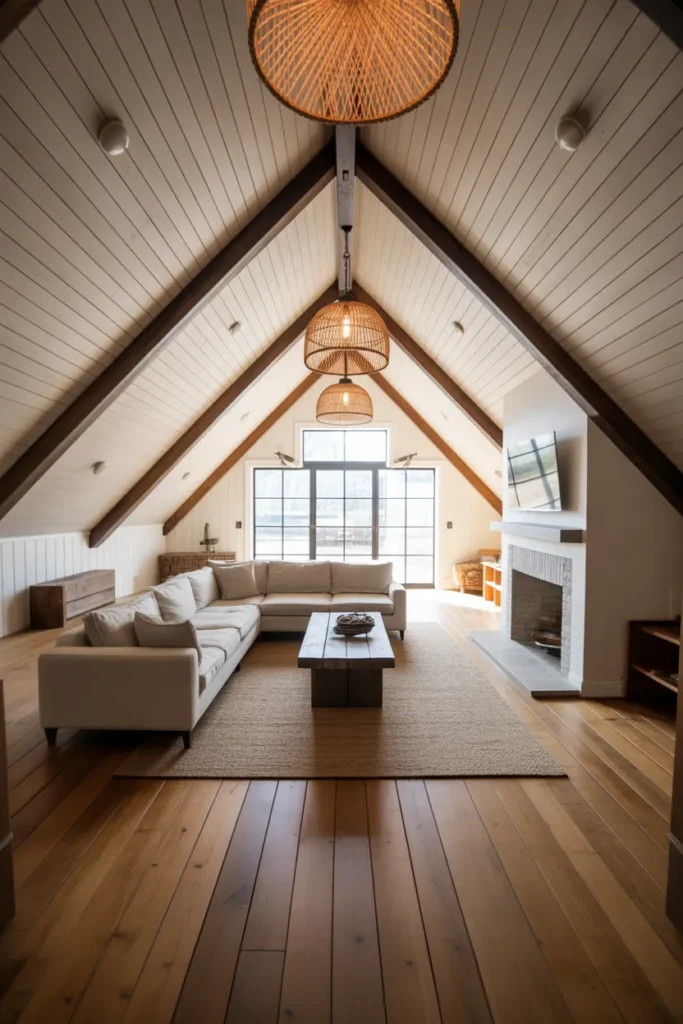 Vaulted Ceiling Farmhouse Living Room With Whitewashed Wood and Woven Textures