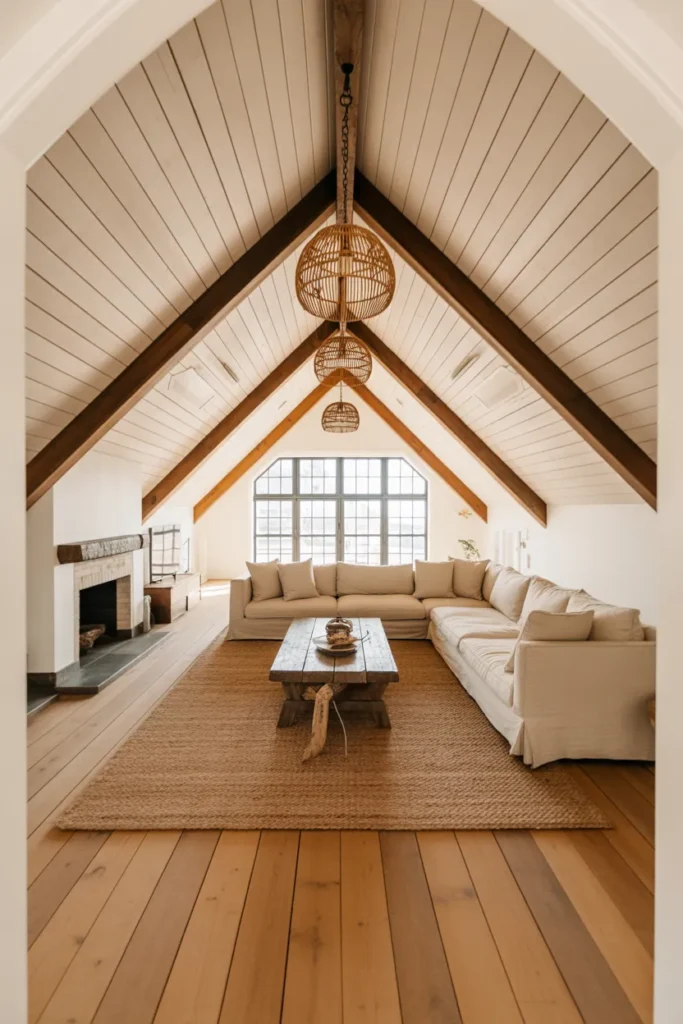 Vaulted Ceiling Farmhouse Living Room With Whitewashed Wood and Woven Textures