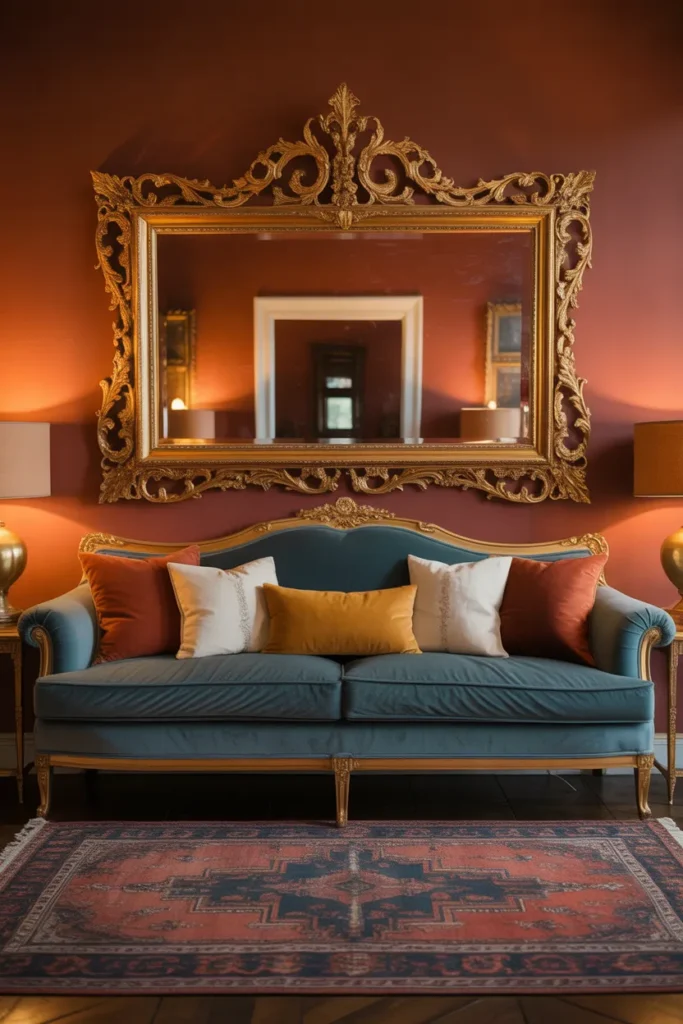 Vintage Ornate Gold Mirror Above a Boho Living Room Sofa for Maximalist Warmth