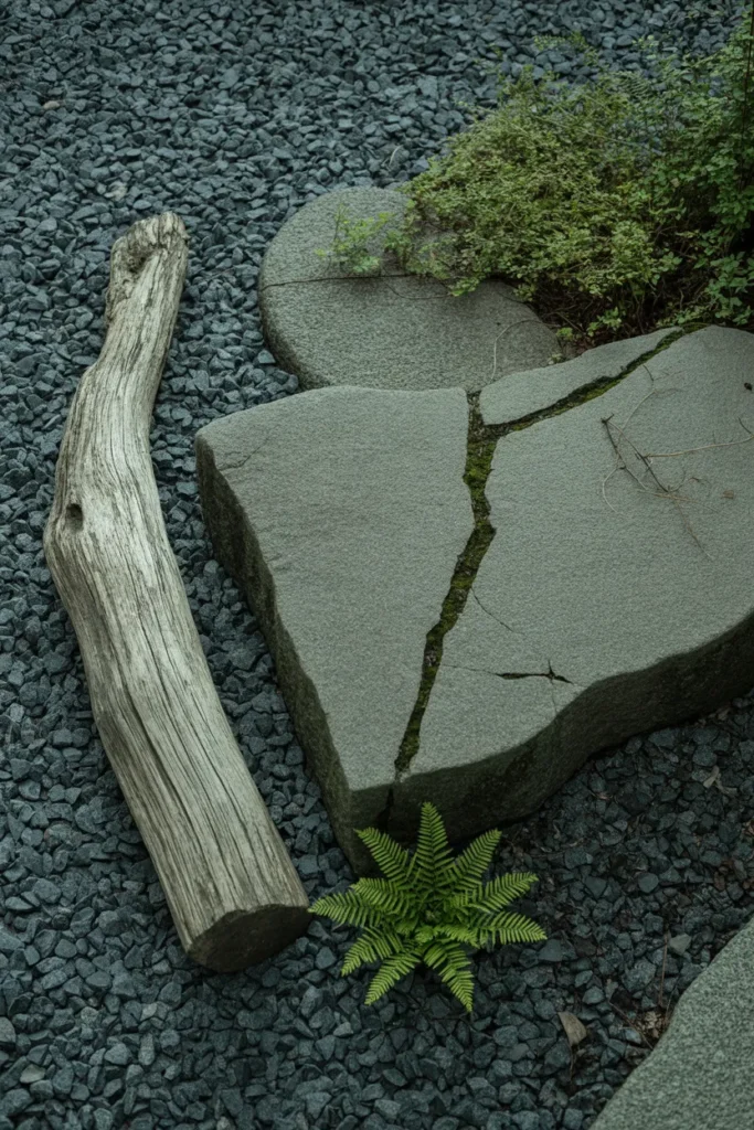 Wabi-Sabi Zen Garden With Weathered Wood and Aged Stone