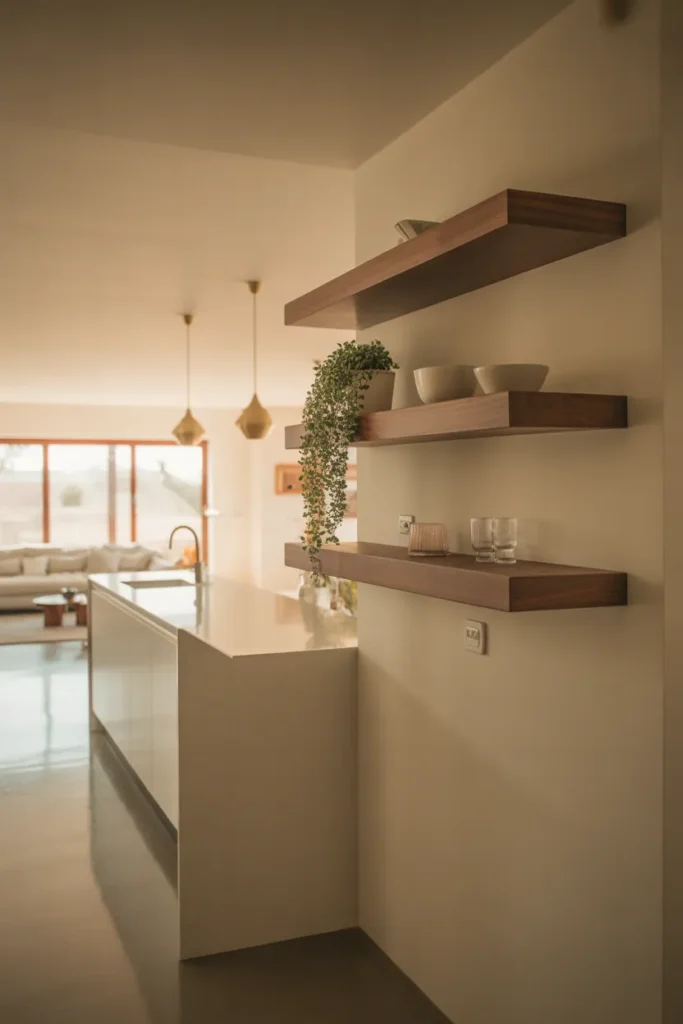 Walnut Shelves Above a Peninsula
