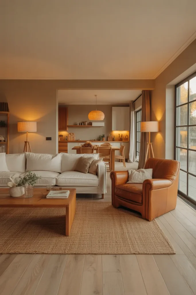 Warm Greige Walls With Cream and Caramel Accents for a Living Room That Always Feels Right