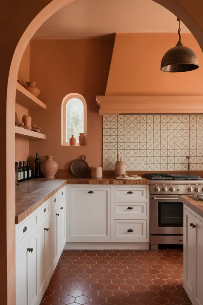 Warm Terracotta Brown Kitchen Wall With White Cabinets in a Mediterranean Layout