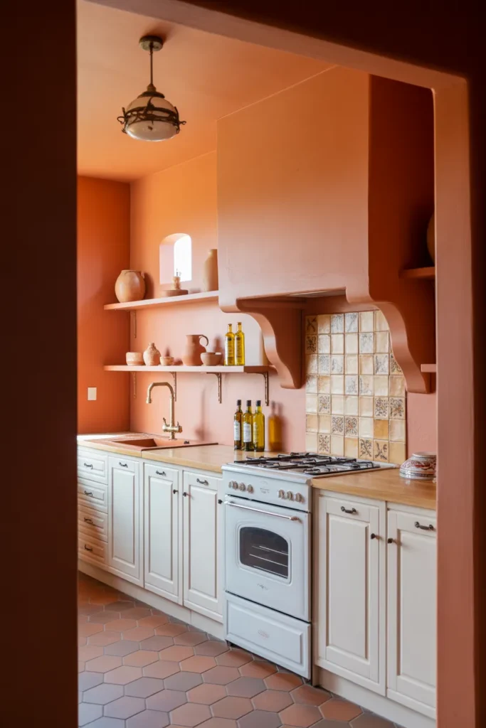 Warm Terracotta Brown Kitchen Wall With White Cabinets in a Mediterranean Layout