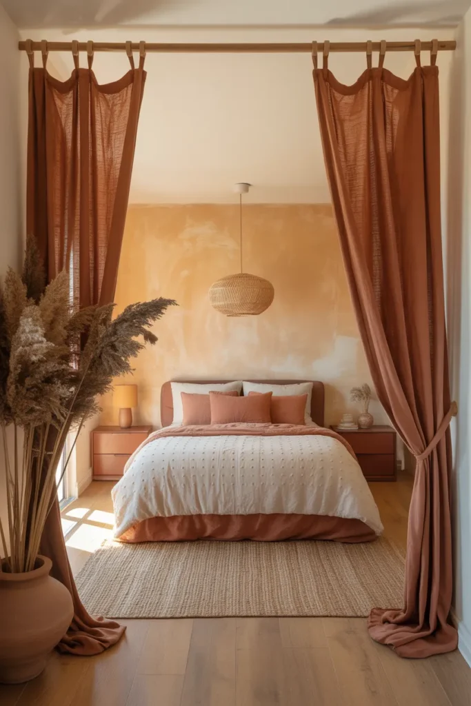 Warm Terracotta Curtains in a Linen Weight for a Bedroom With an Earthy Organic Palette