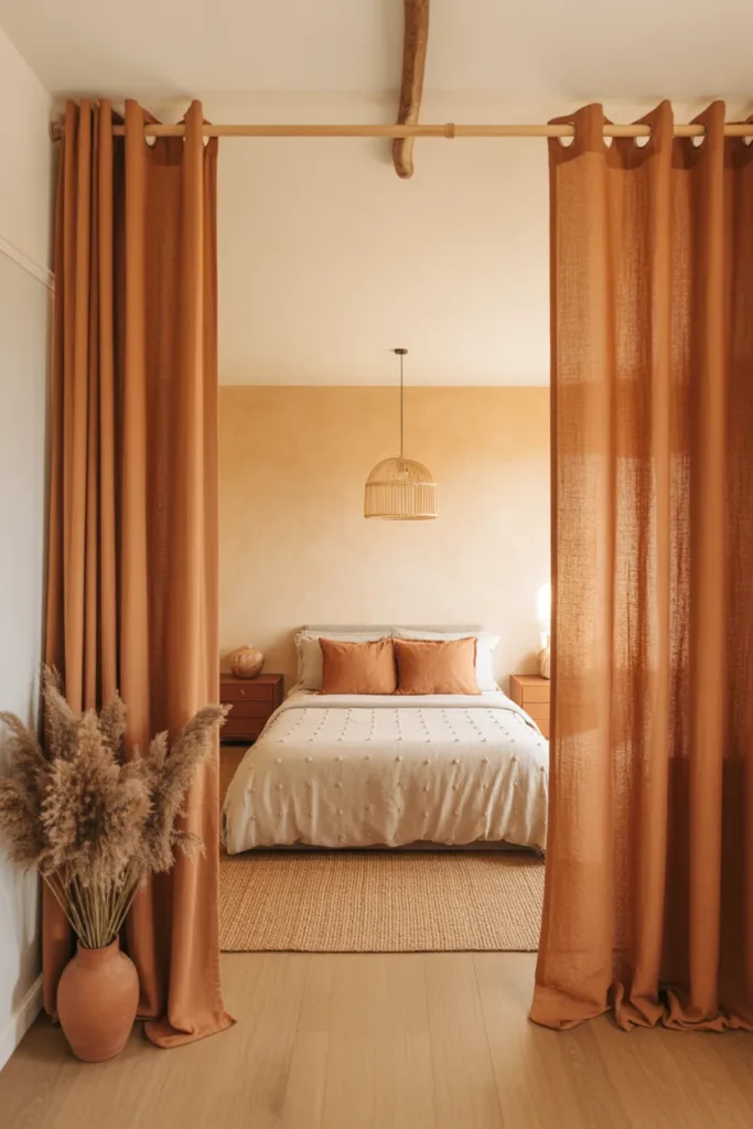 Warm Terracotta Curtains in a Linen Weight for a Bedroom With an Earthy Organic Palette