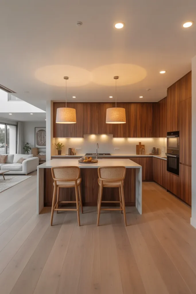 Warm Walnut Flat-Front Cabinets in an Open-Plan Kitchen With a White Island Contrast