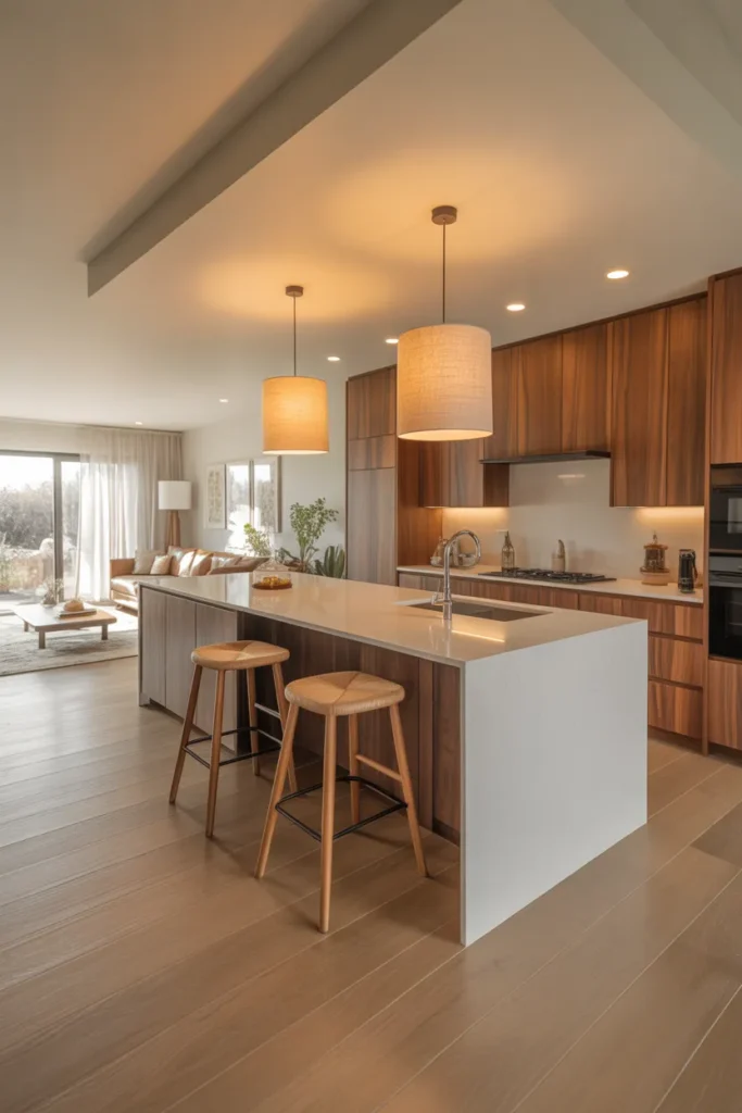 Warm Walnut Flat-Front Cabinets in an Open-Plan Kitchen With a White Island Contrast