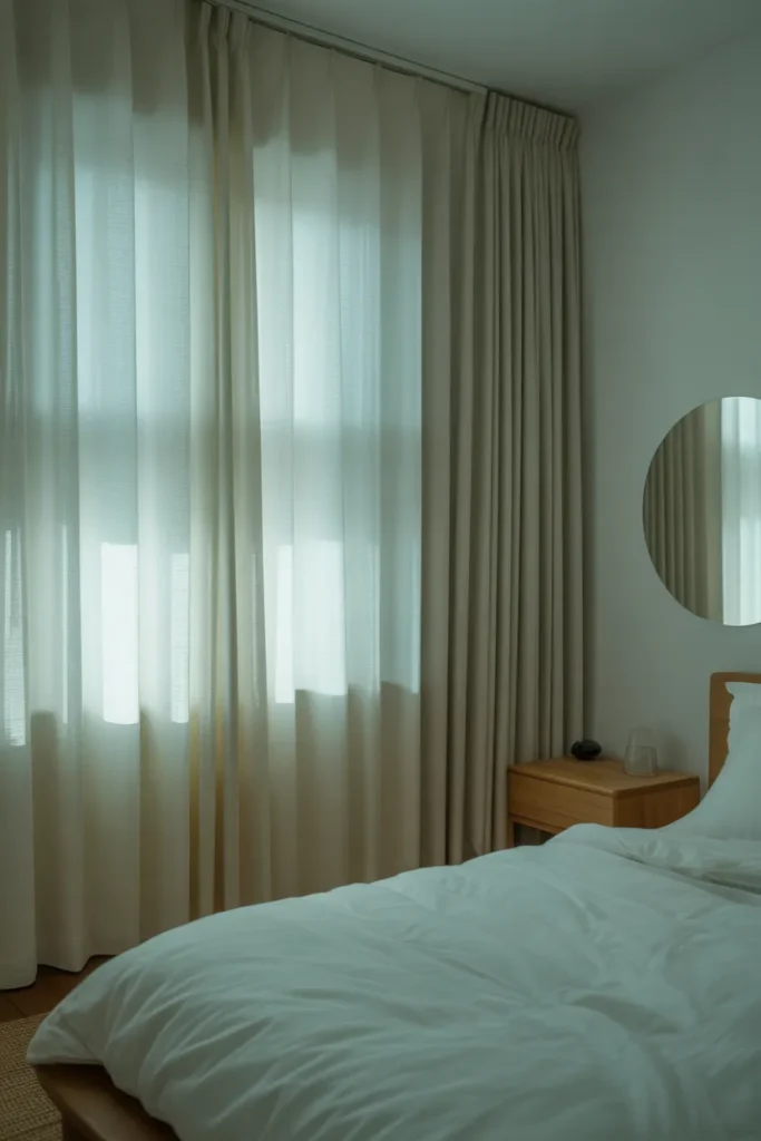 White Blackout Curtains in a Small Bedroom