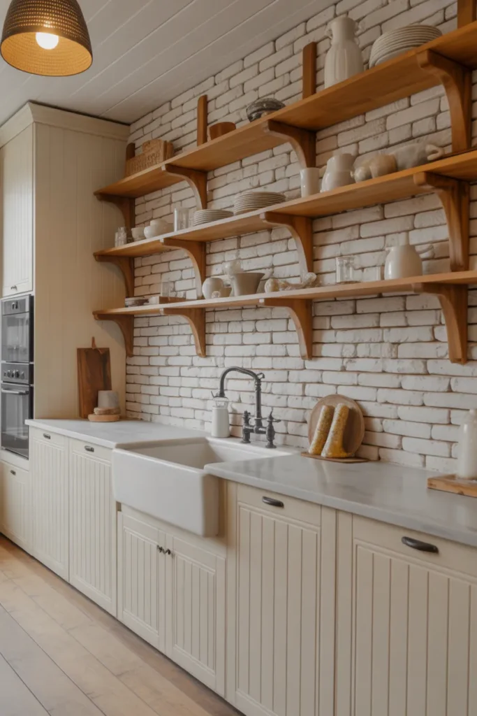Whitewashed Stone Wall in a Farmhouse Kitchen With Open Shelving and Apron Sink