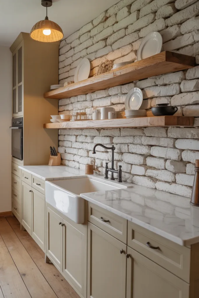 Whitewashed Stone Wall in a Farmhouse Kitchen With Open Shelving and Apron Sink