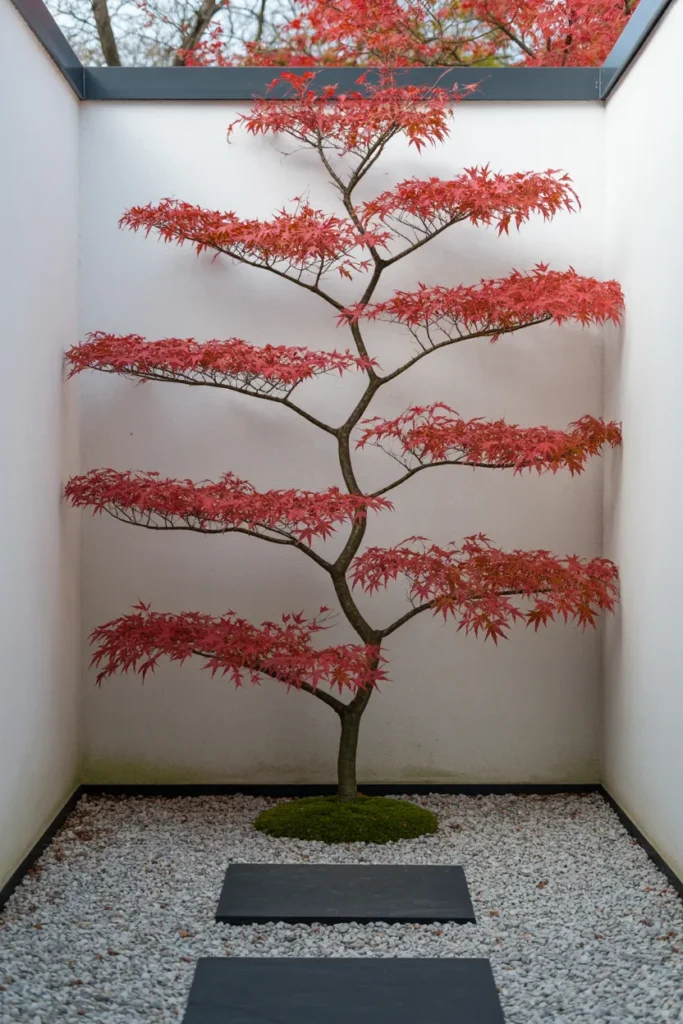Zen Courtyard Garden With Espalier Tree and Gravel Frame