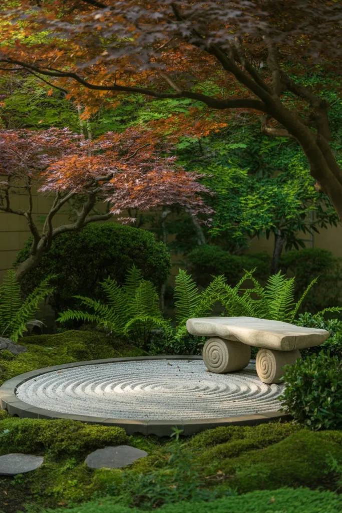 Zen Meditation Corner With a Gravel Circle and Surrounding Plantings
