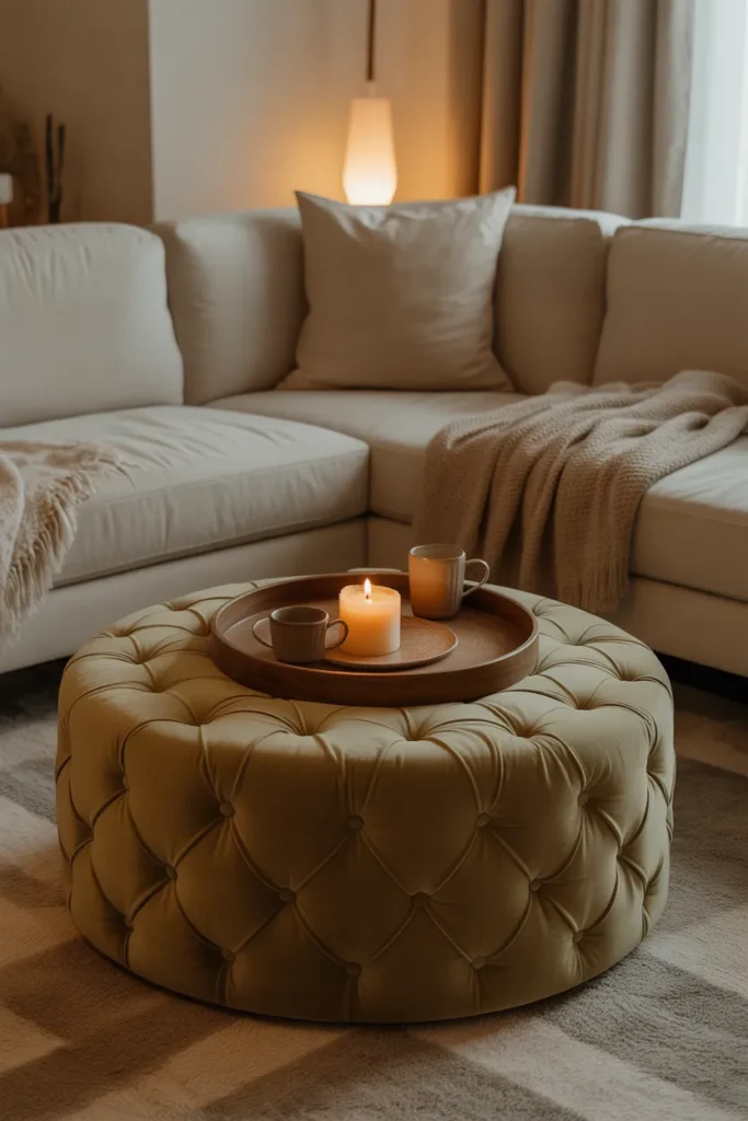 a Round Ottoman as a Coffee Table Alternative for a Softer