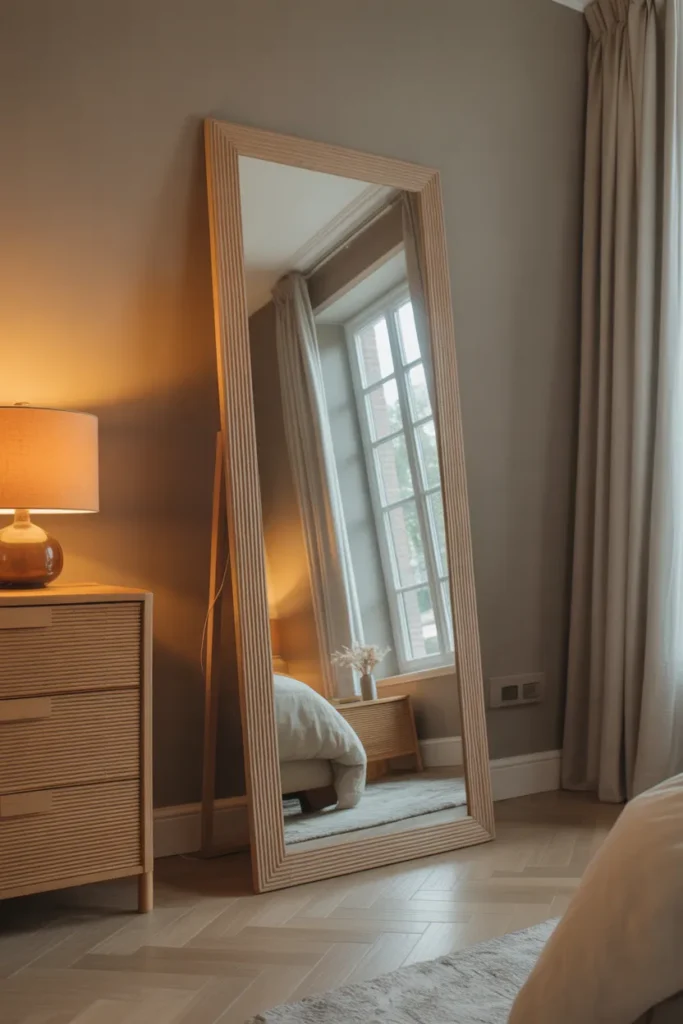 a bedroom with a large rectangular leaning full-length mirror with a thin natural wood frame