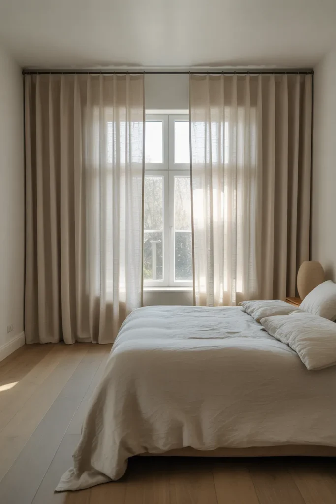 a bright airy bedroom with floor-to-ceiling natural linen curtain panels mounted two inches below the ceiling