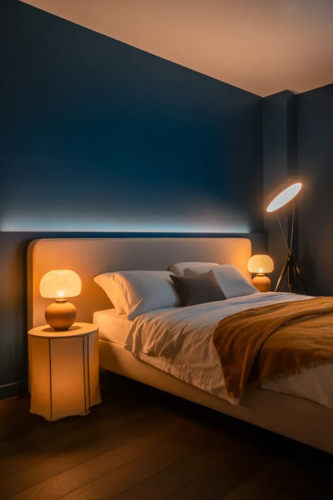 a cozy bedroom at evening with layered lighting