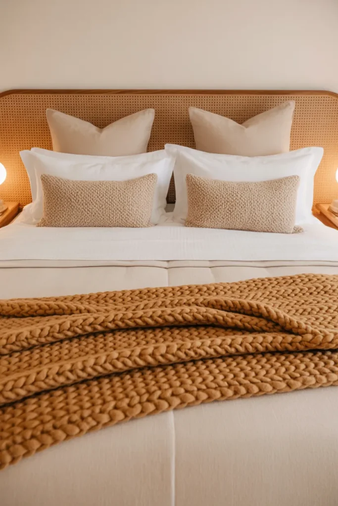 a perfectly layered king bed with ivory linen duvet