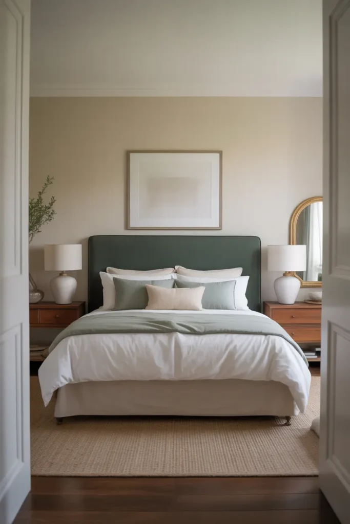 a primary bedroom with a perfectly composed focal point