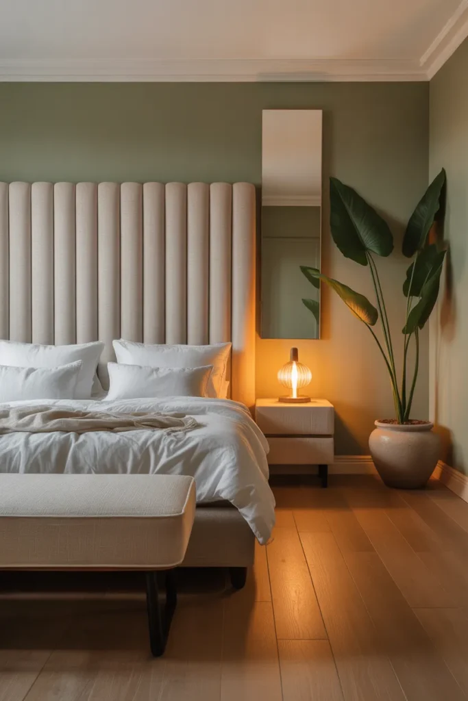 a tall upholstered headboard extending high above the mattress