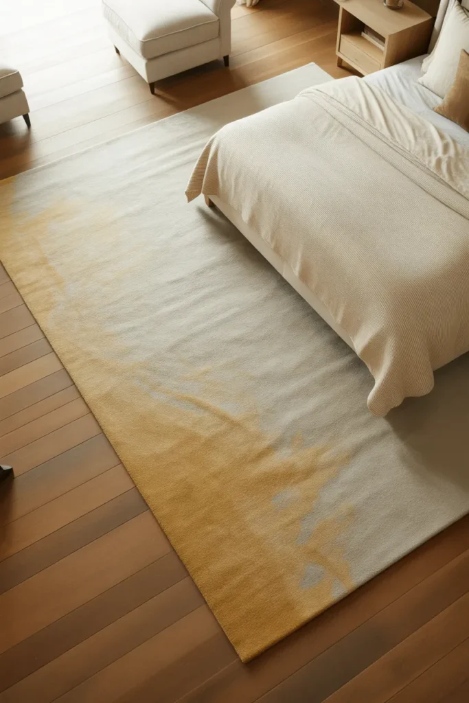 a well-proportioned bedroom with a large 9x12 cream and warm gray area rug
