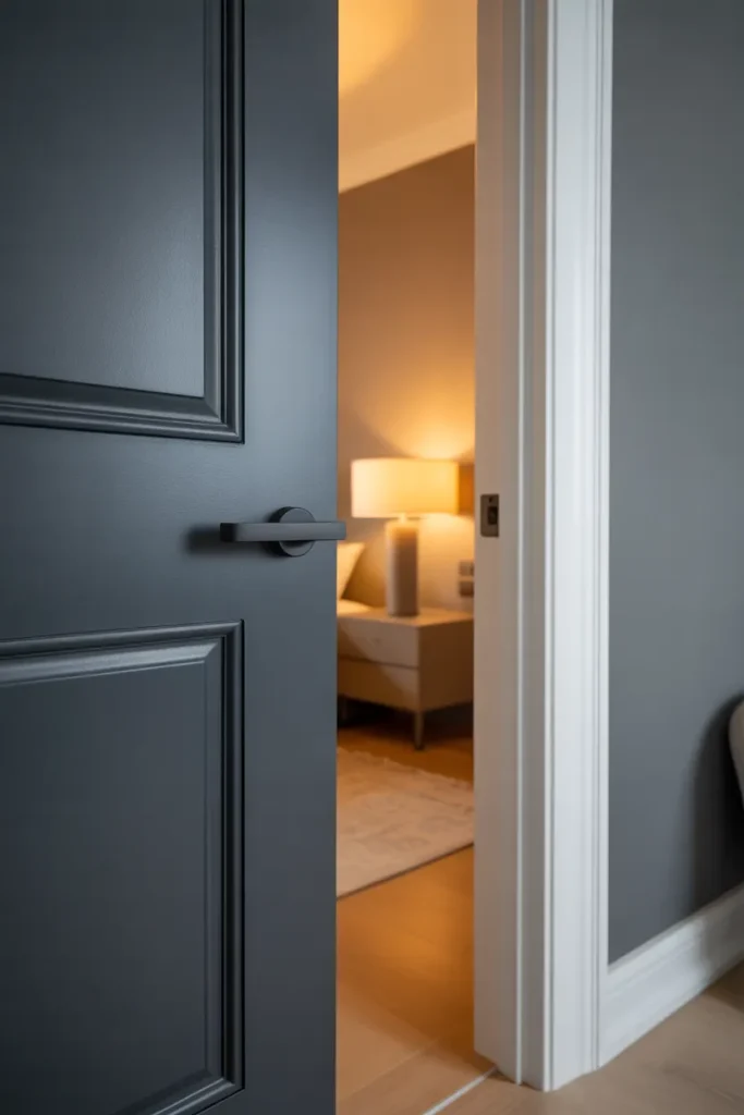 bedroom door with a matte black lever handle set against a door