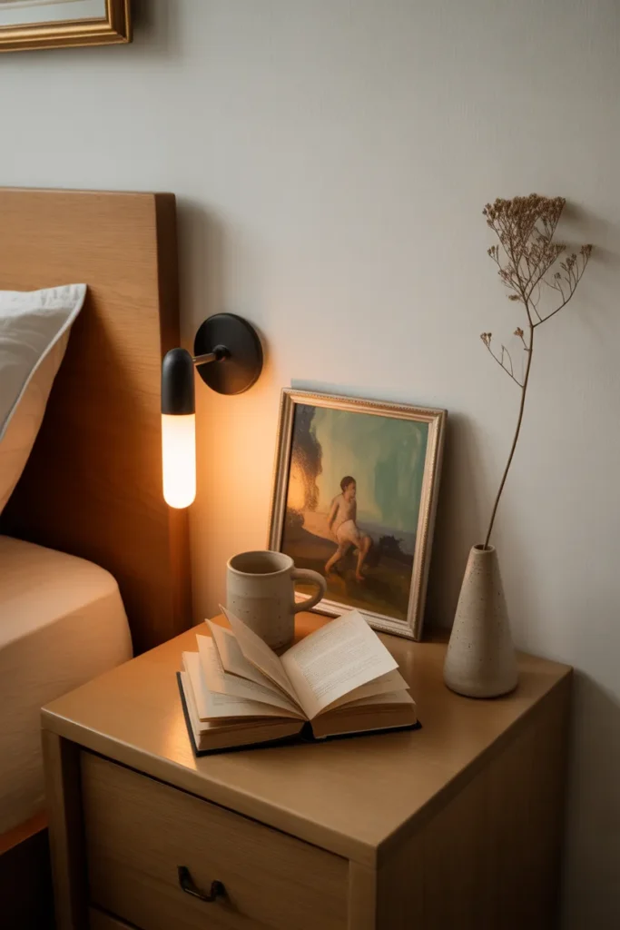 bedroom nightstand and adjacent wall corner styled with deliberate personal objects