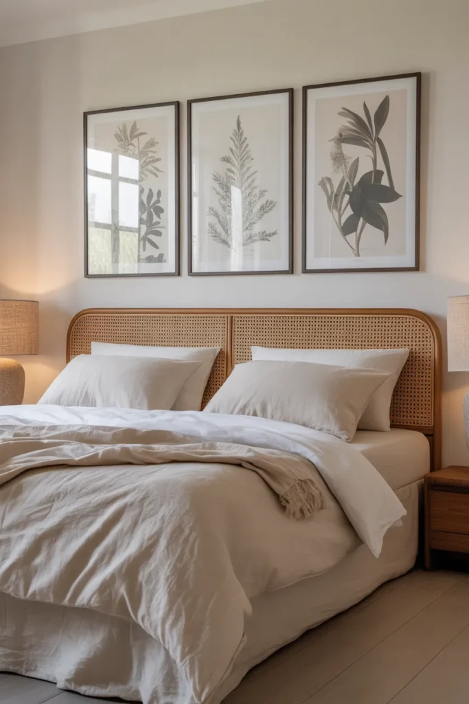 bedroom wall above a rattan headboard with three cohesive large