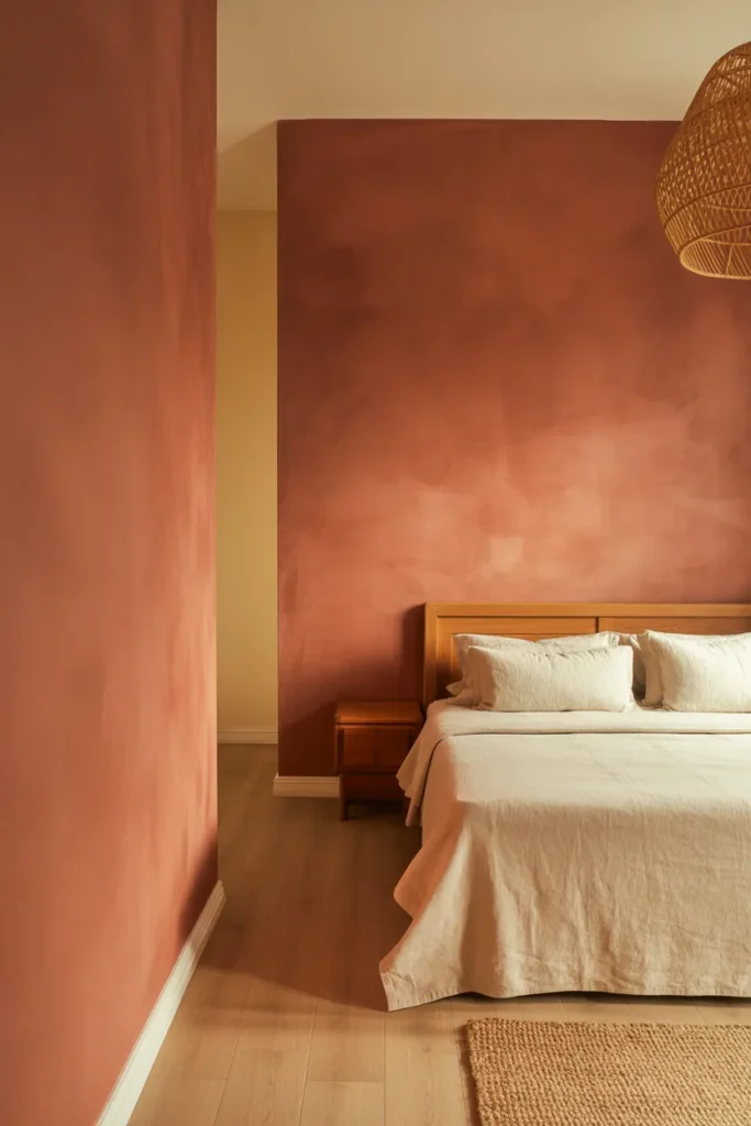 bedroom with walls painted in a warm terracotta limewash finish