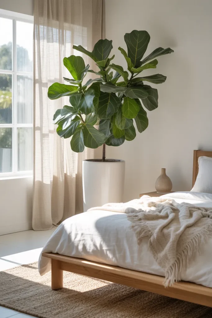 bright minimalist bedroom with a large fiddle leaf fig in a tall white ceramic pot