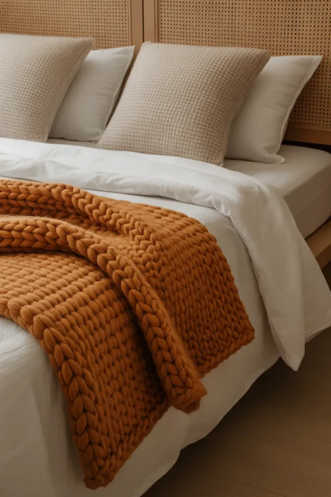 foot of a bed with a large chunky knit throw in warm rust-orange
