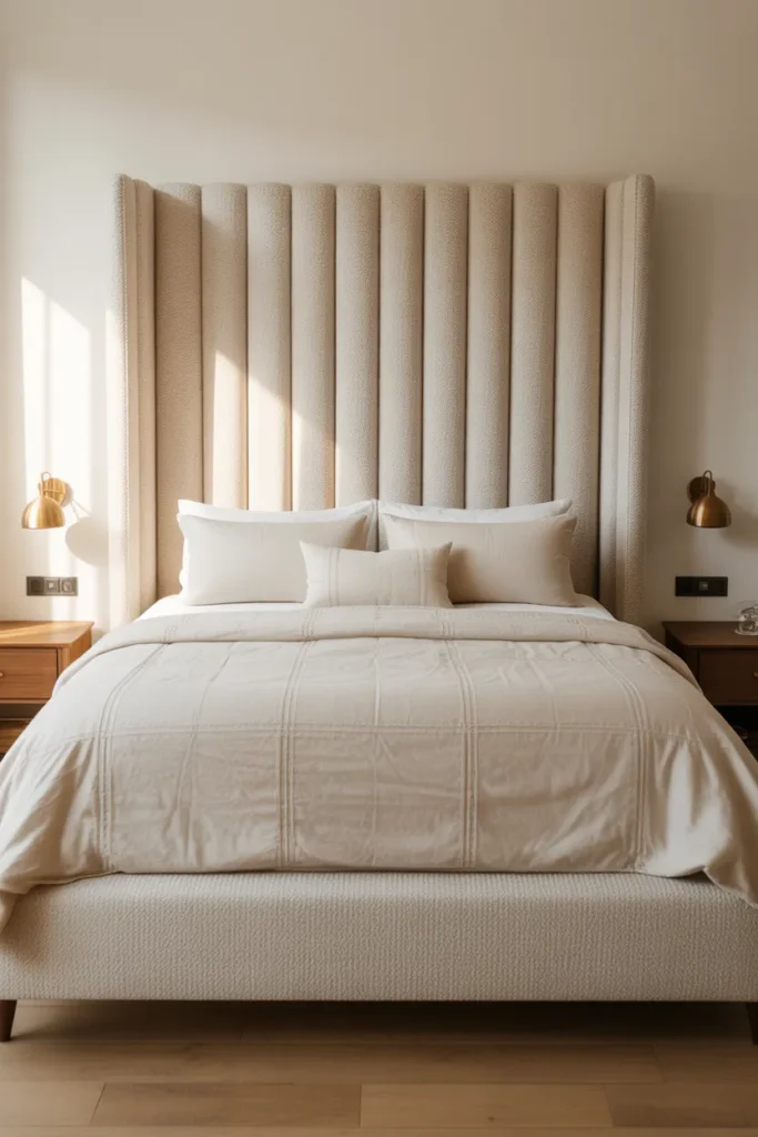 primary bedroom with a tall floor-to-ceiling channel-tufted upholstered headboard