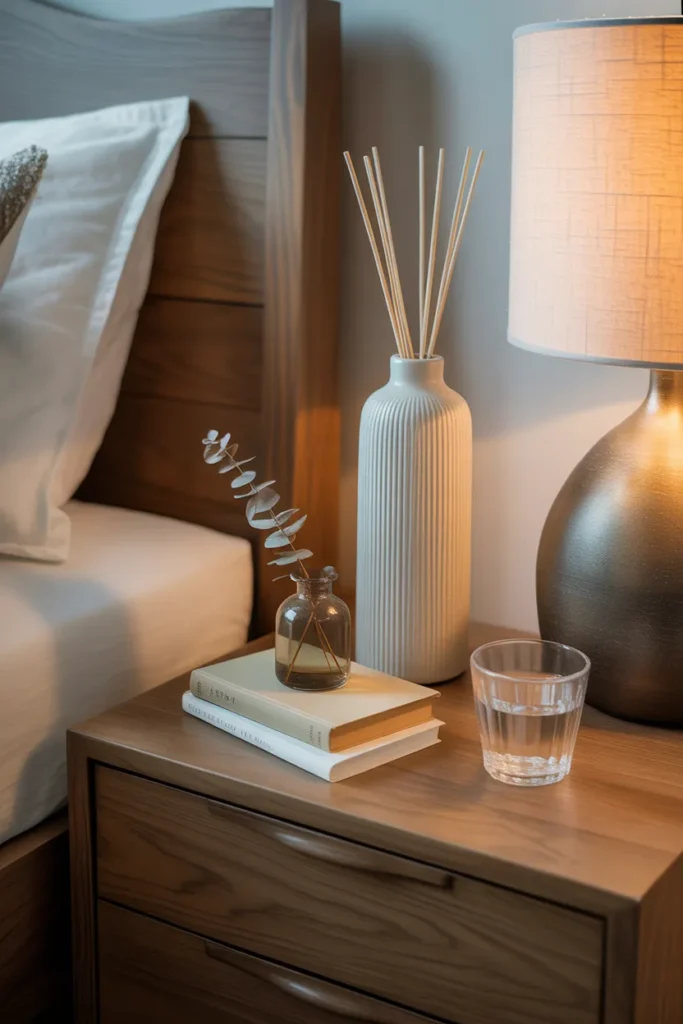 styled bedroom nightstand with a tall ceramic reed diffuser in matte white beside