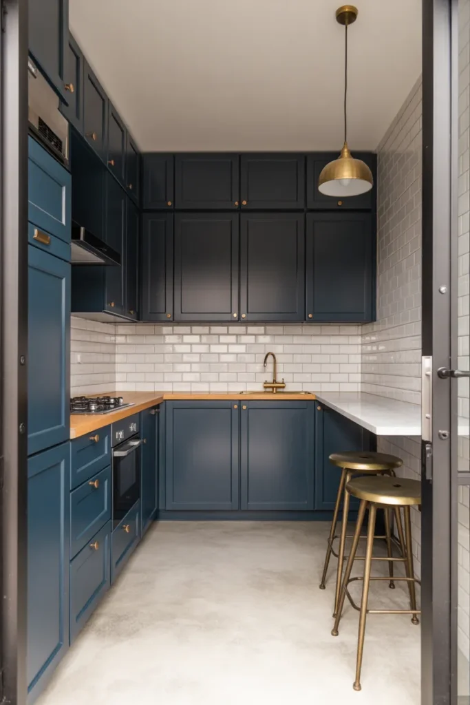 Smoked Navy and Brass in a Narrow High-Rise Apartment Kitchen