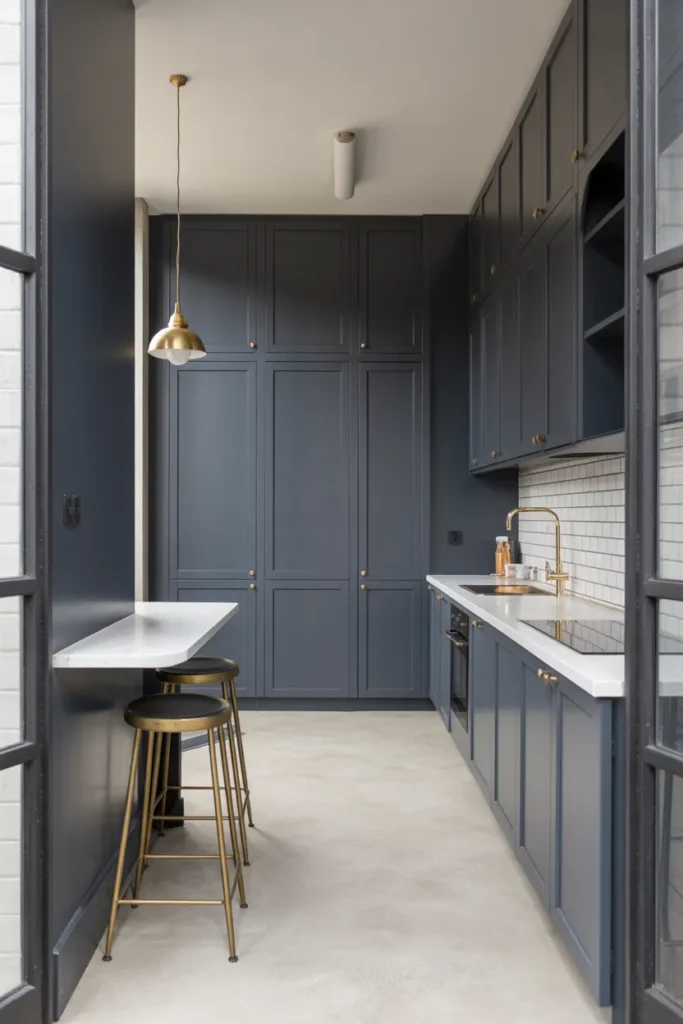 Smoked Navy and Brass in a Narrow High-Rise Apartment Kitchen