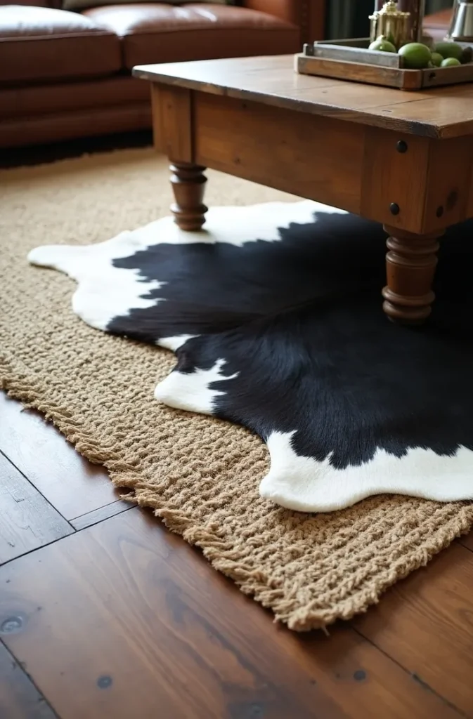 A Cowhide Rug Layered Over Jute to Define the Seating Zone