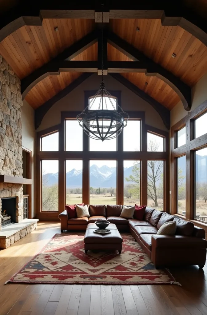 A Lofted Ranch Living Room With Double-Height Windows and Warm Wood Tones