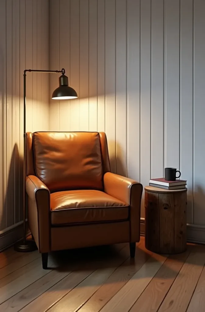 A Reading Nook or Sitting Corner With a Worn Leather Chair